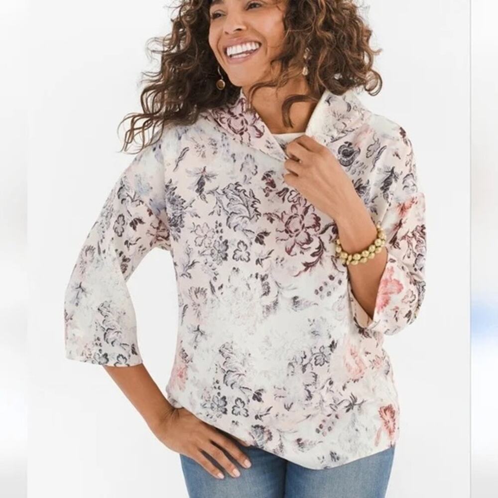 Chico's Cream Parisian Floral Mock-Neck Top Sz 0 Small